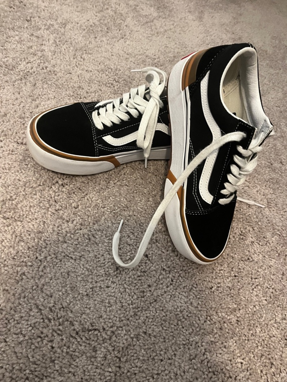 Vans Black and White platform Low-Top Sneakers with Brown Trim
